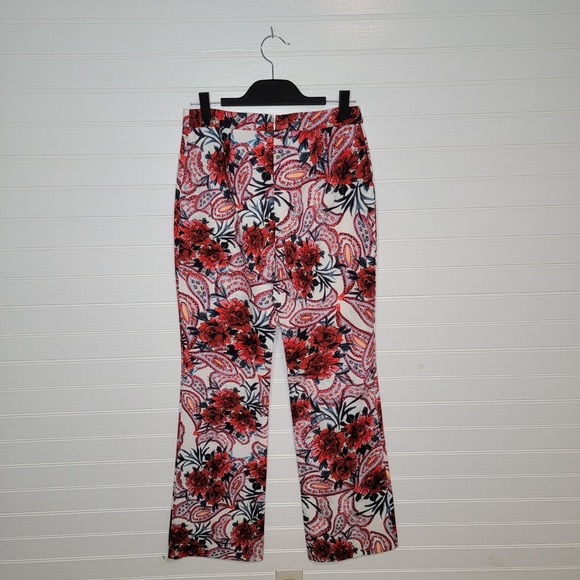 Badgley Mischka Size 6 Paisley Wide Leg Pants Red Multi Stretch Crepe Floral - Picture 7 of 12